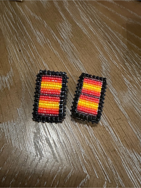Native American Jewelry - Handmade Beaded Rectangular Earrings in Red, Orange & Yellow